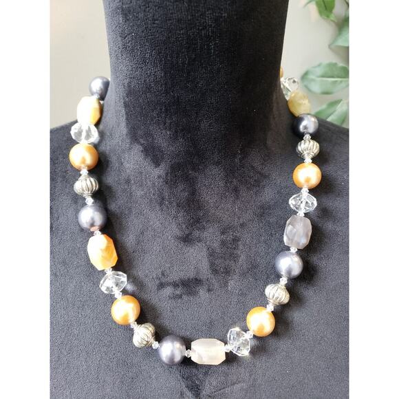 Women's Mixed Bead Necklace Gold Gray Clear Statement Lobster Clasp Chunky Boho - Picture 2 of 6